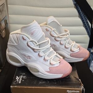 Reebok Question Mid White and Pink Junior Basketball Sneakers